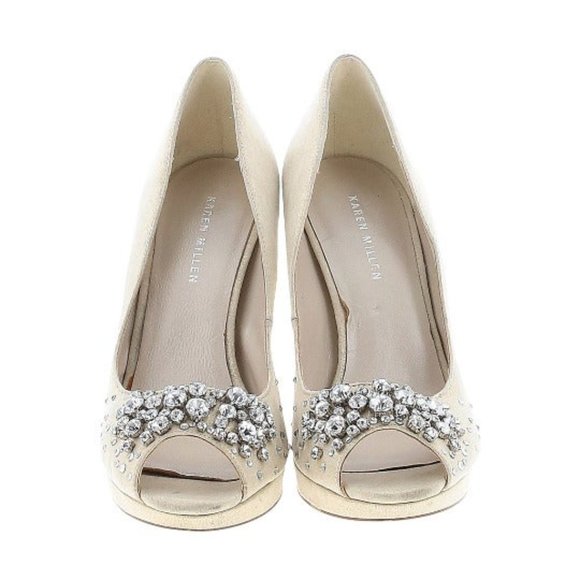 Karen Millen Peep Toe Crystal Metallic Pumps 39/8 - Picture 2 of 3